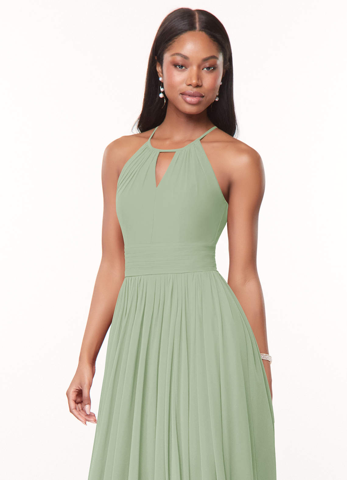 Azazie Cherish Robes de demoiselle d'honneur Robe Trapèze en Mousseline de soie Plissée Vert Sauge image1