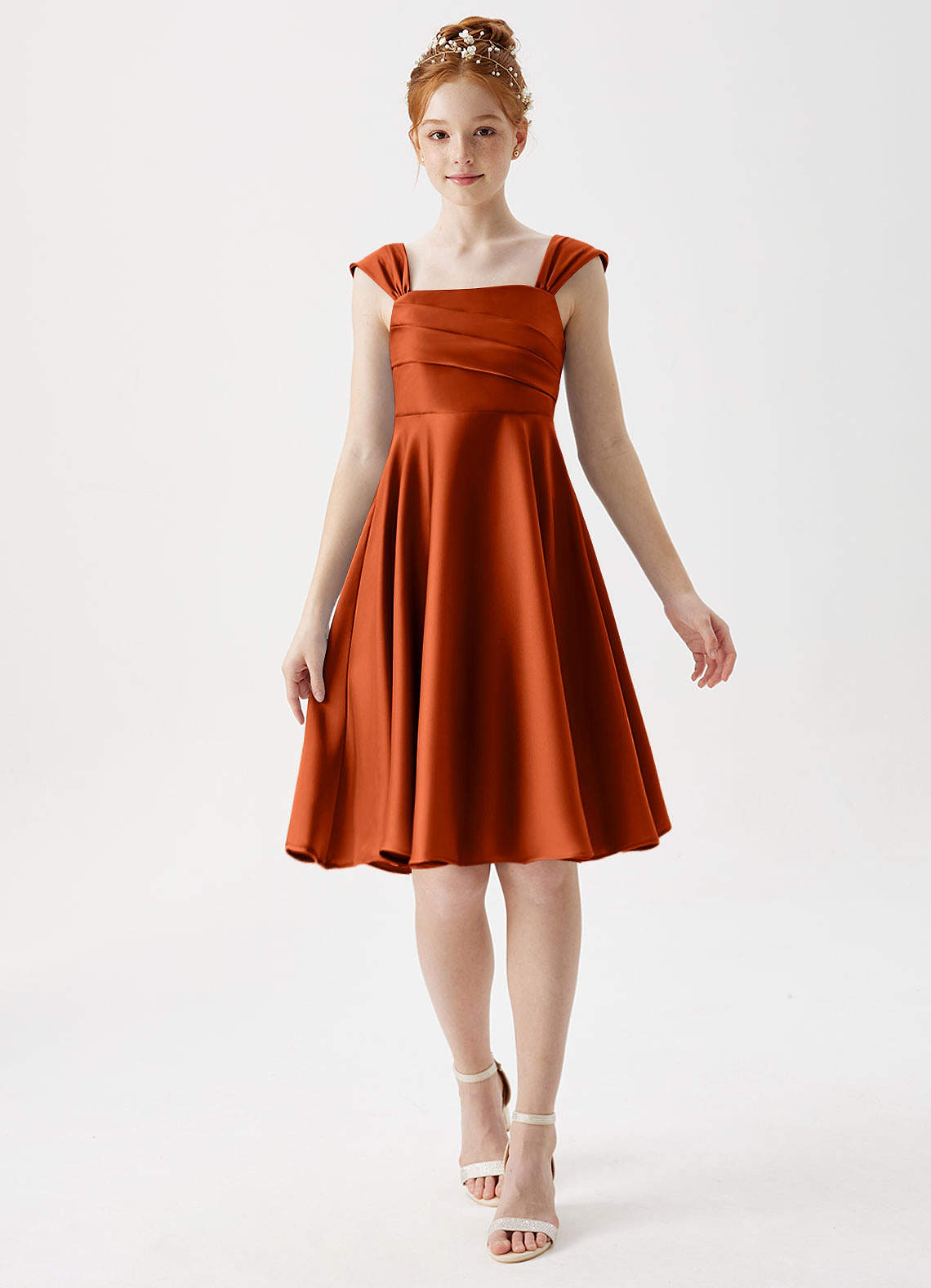 Azazie Amira Junior Paprika A-Line Pleated Stretch Satin Dress image1