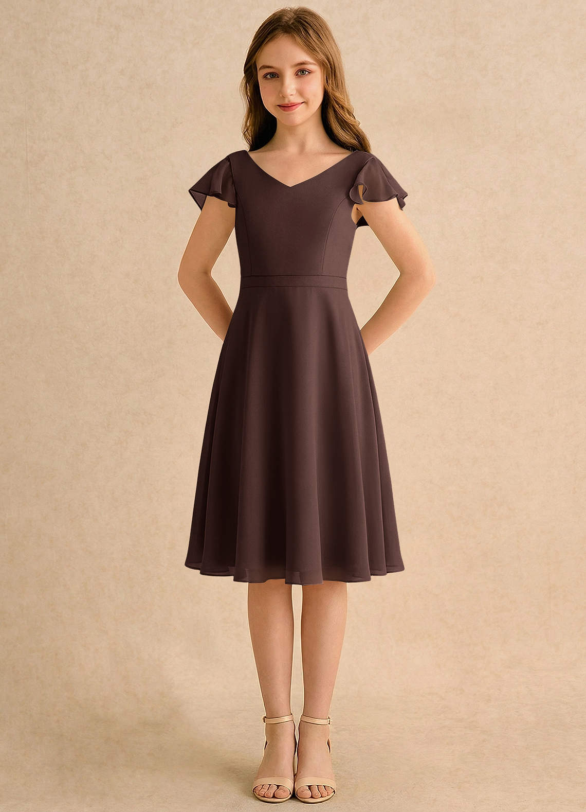 Azazie Narin Girls Formal Flower Girl Dresses Ganache A-Line with Sleeves Chiffon Dress image4