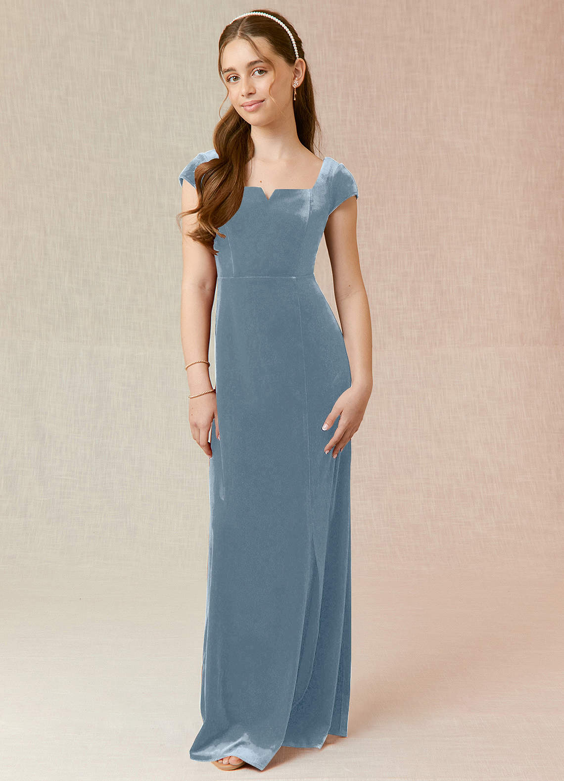 Azazie Gabi Junior Dusty Blue A-Line Velvet Dress image1