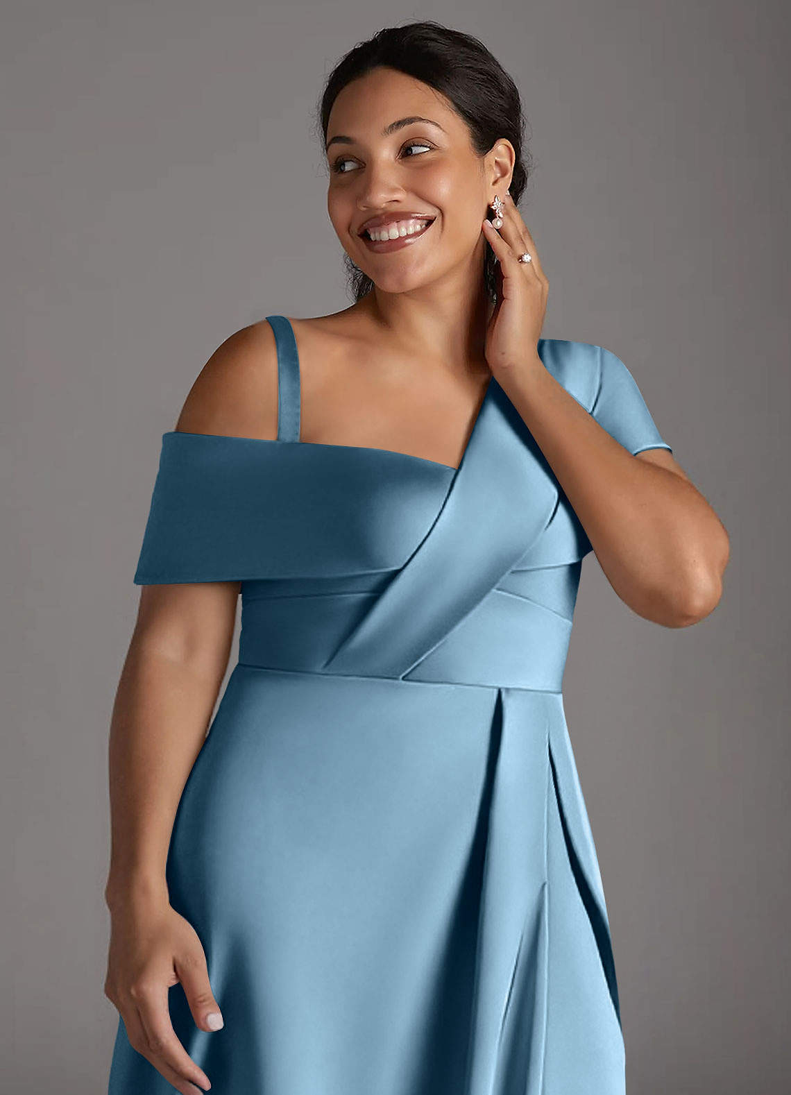 Azazie Milton Mother of the Bride Dresses Steel Blue A-Line Pleated Stretch Satin Dress image13