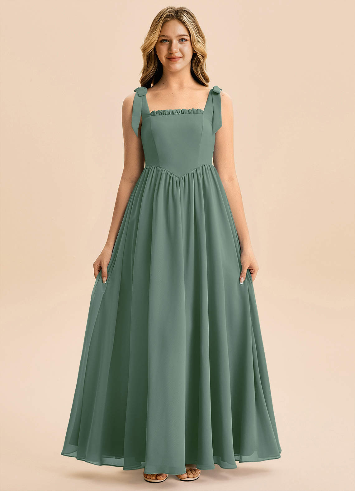 Azazie Delia Junior Abito A-Line in Chiffon Fiocco Eucalipto image4