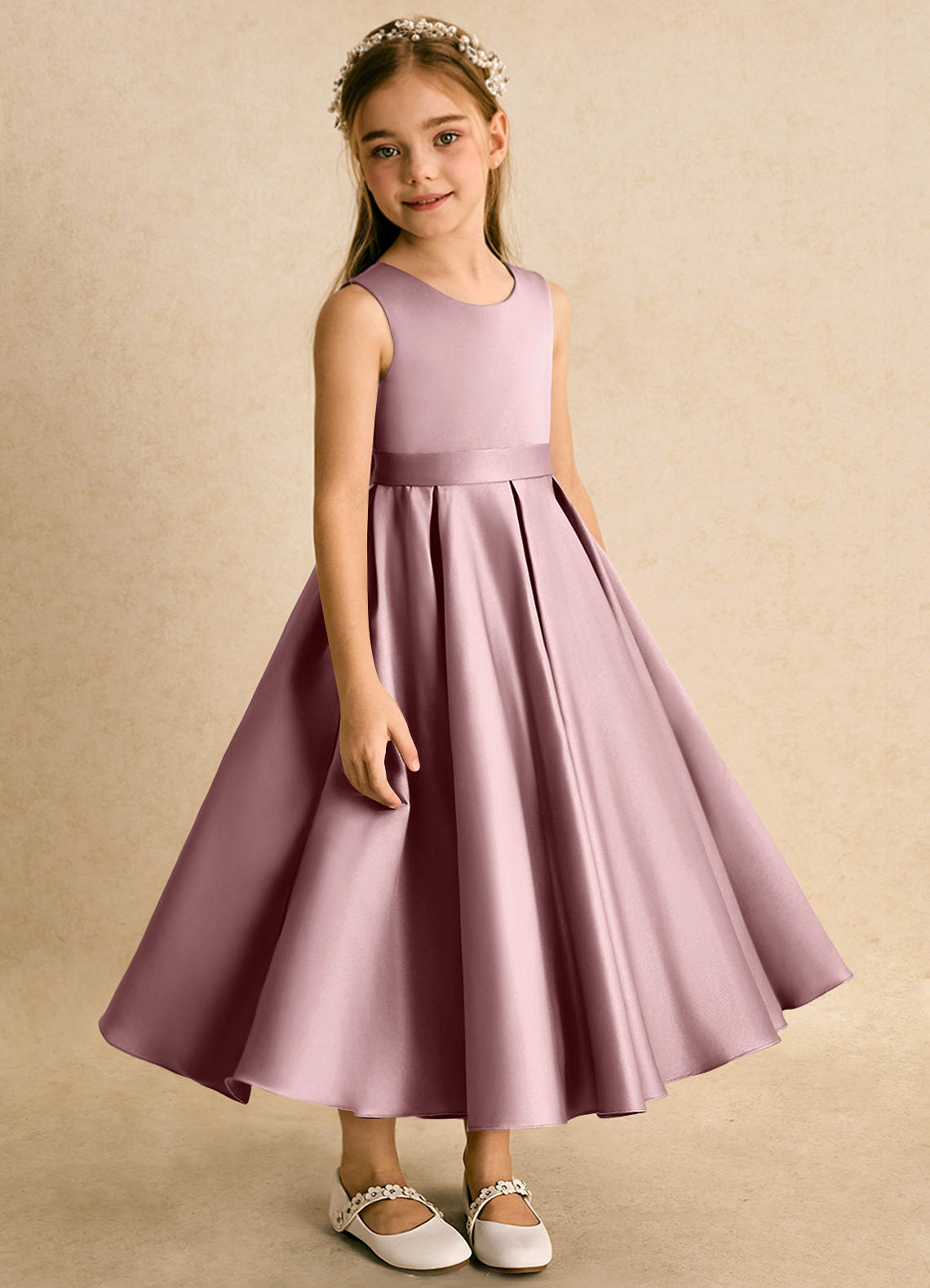 Azazie Junebuj vestidos de niña de las flores Vestido de Rosa Polvorienta de Satin Mate de Princesa con Plisado image4