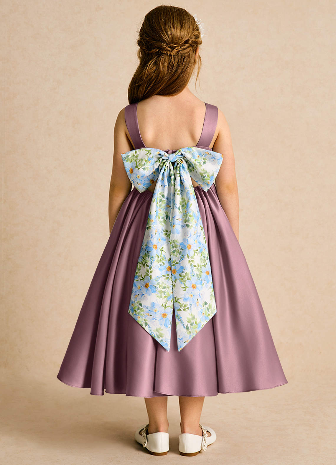 Azazie Doodlebug vestidos de niña de las flores Vestido de Malva Vintage de Satin Mate de Corte En A con Lazo image1