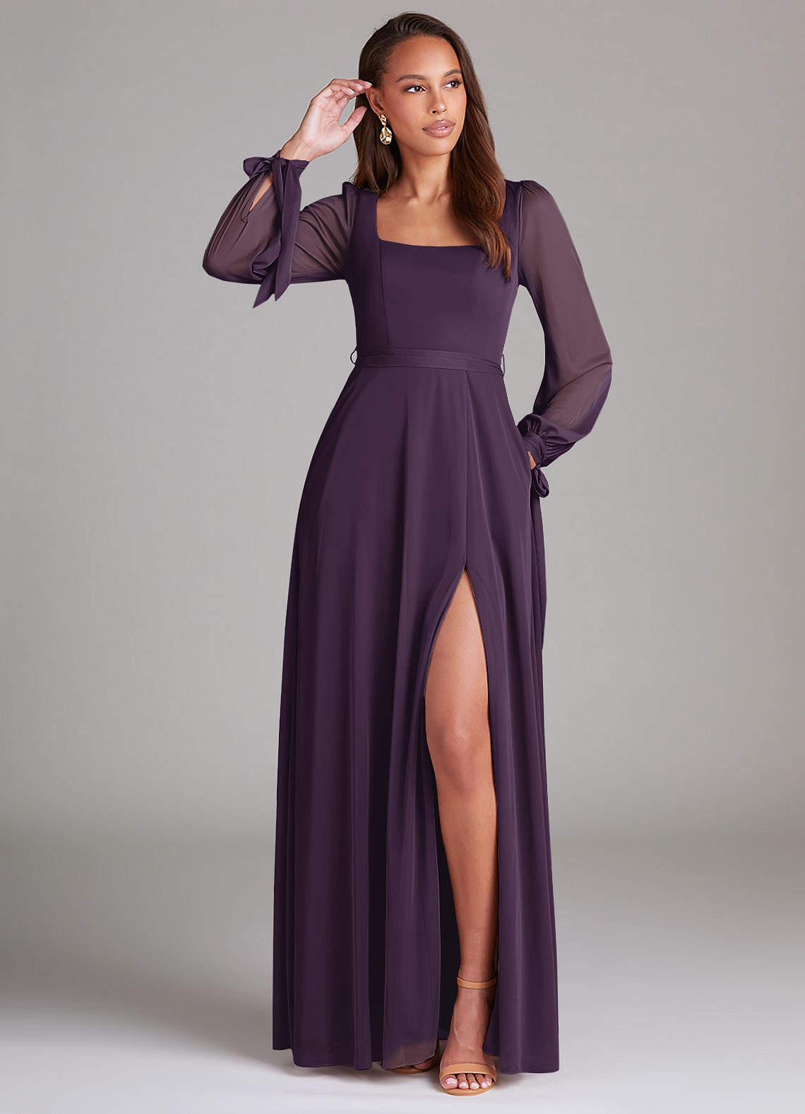 Azazie Leonia Bridesmaid Dresses Plum A-Line Long Sleeve Mesh Dress image1
