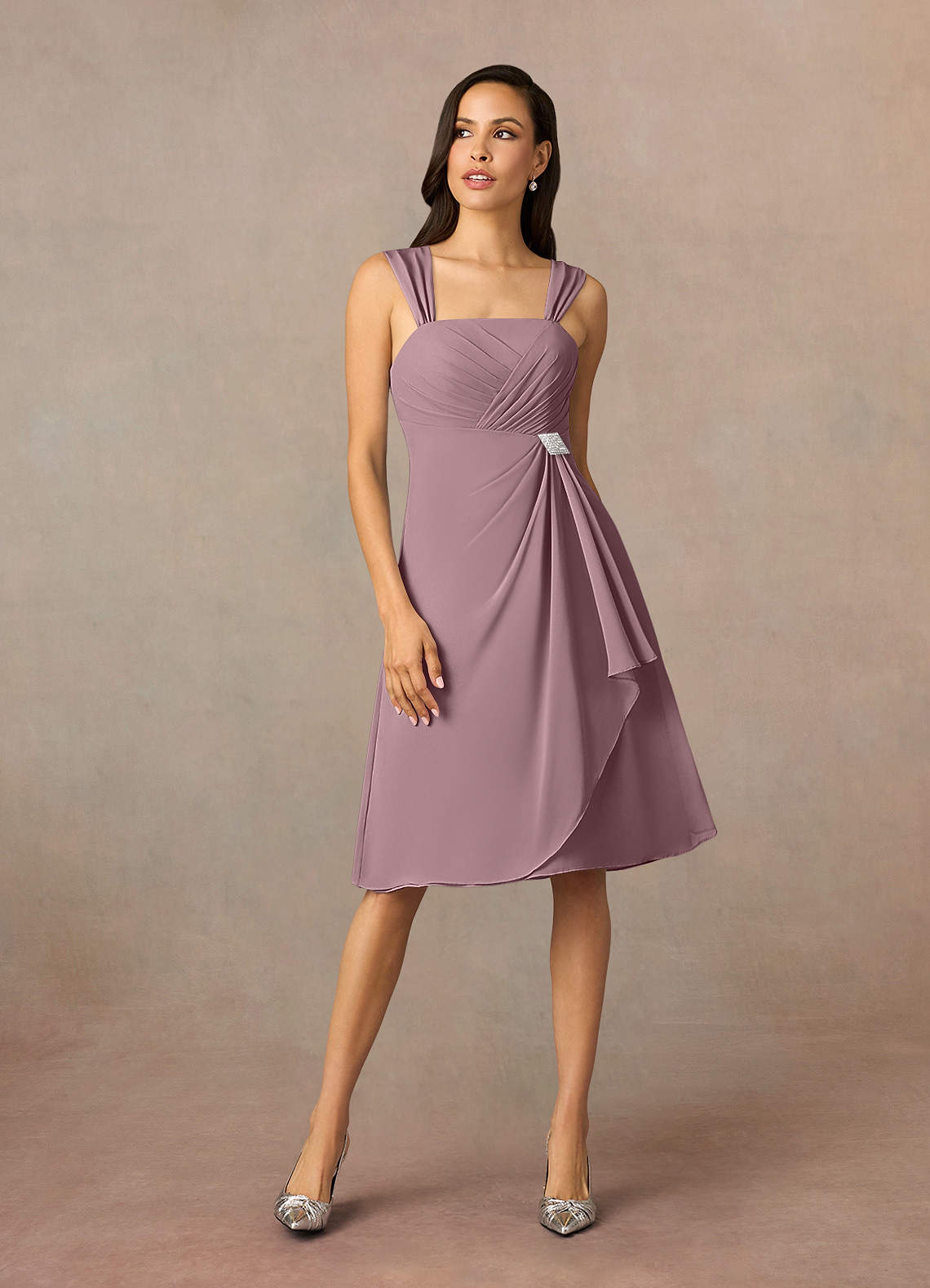 Azazie Plus Size A-Line/Princess Square Neck Knee-Length Chiffon Mother of the Bride or Groom Dresses - Dusty Rose Azazie Plus Size A-Line/Princess Square Neck Knee-Length Chiffon Mother of the Bride or Groom Dresses - Dusty Rose