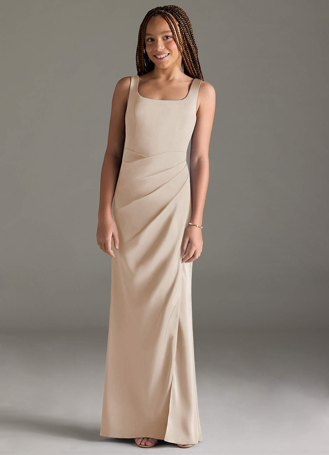 Azazie Mero Junior White Alabaster Mermaid Pleated Stretch Satin Dress image1