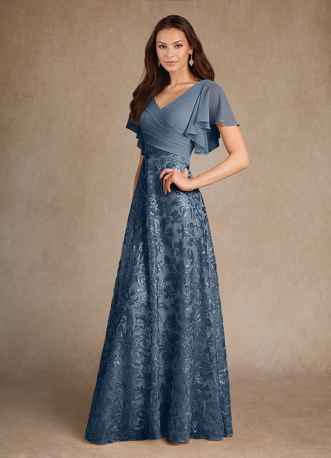 Azazie Fallon vestidos de madre de la novia Vestido de Azul Polvoriento de Encaje de Corte En A con Plisado image1