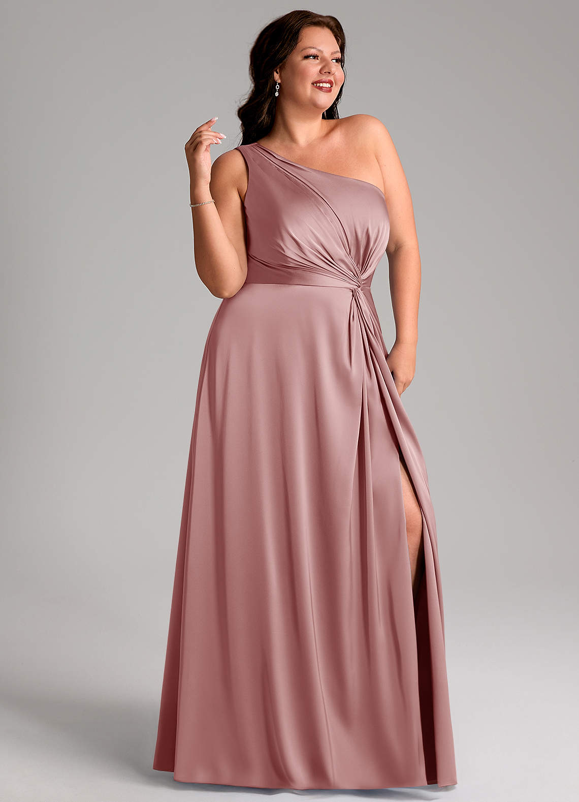 Azazie Brooke Brautjungfernkleider A-Linie One-Shoulder Stretch-Satin Kleid Altrosa image10