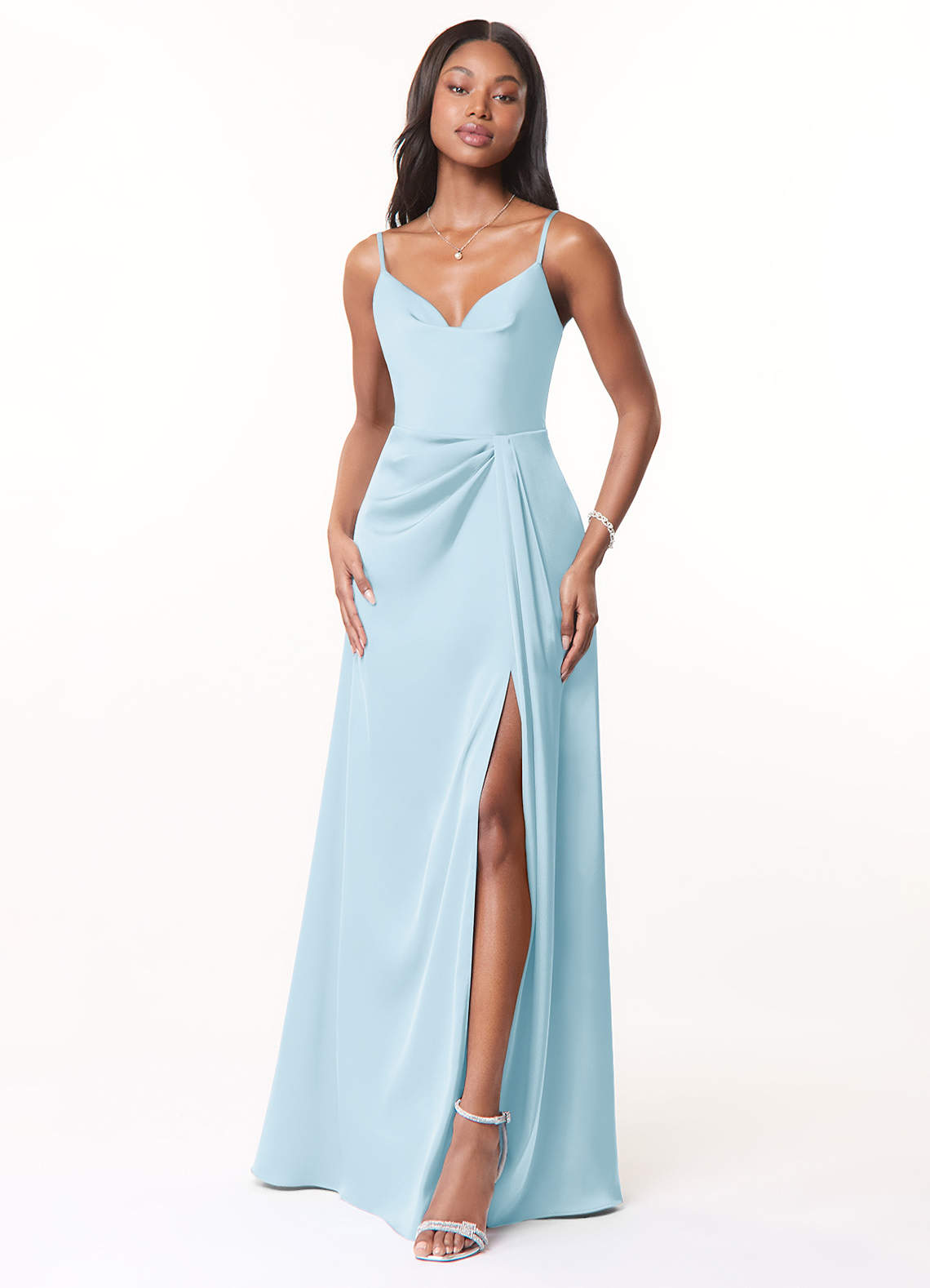 Azazie Brielle Bridesmaid Dresses Sky Blue A-Line Cowl Spaghetti Straps Stretch Satin Dress image1