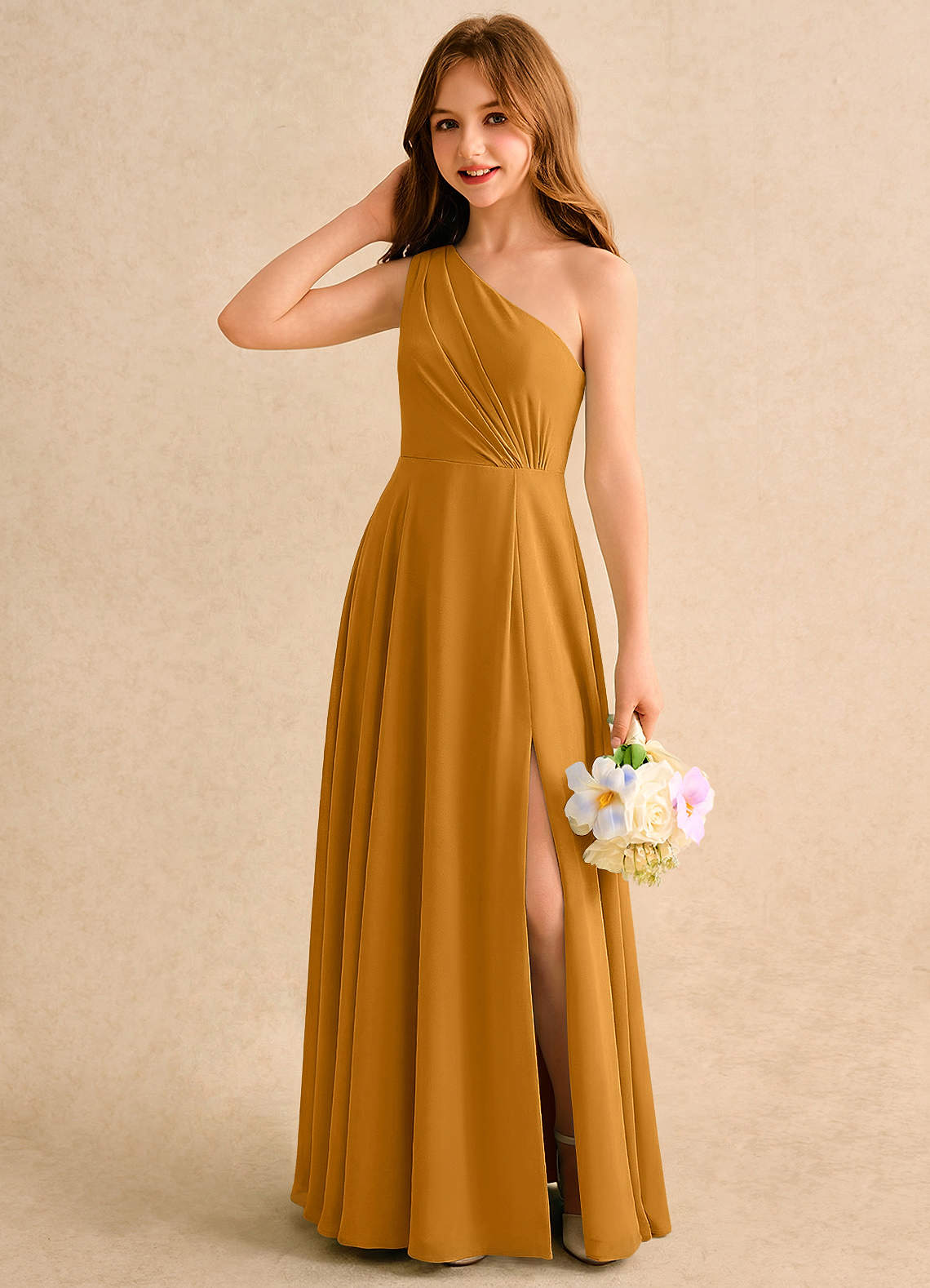 Azazie Puddles Girls Formal Butterscotch A-Line One Shoulder Chiffon Dress  | Azazie AU