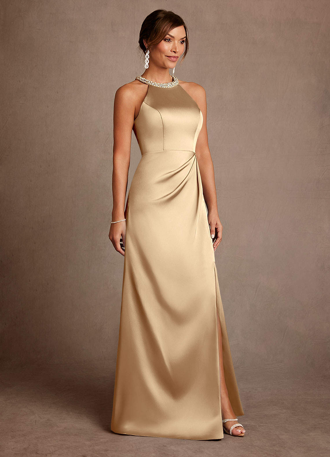 Azazie Lawrence At-home Try On Dresses Champagne A-Line Pleated Stretch Satin Dress image3