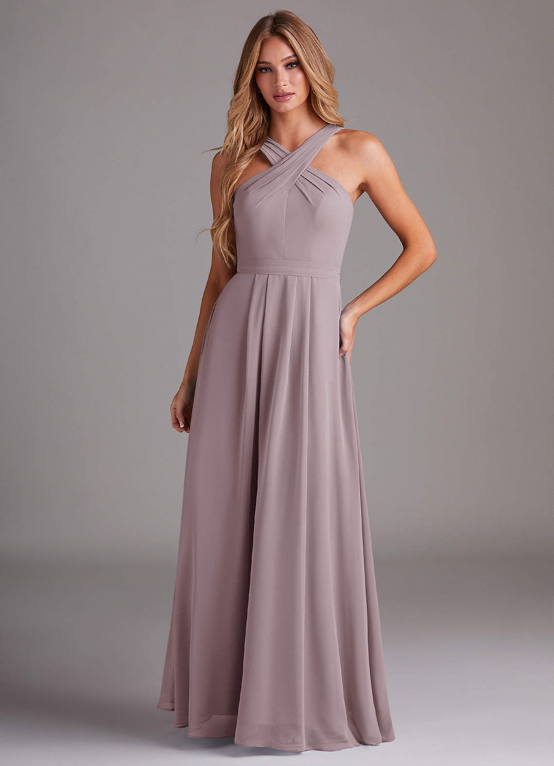 Azazie Dixie Bridesmaid Dresses Dusk A-Line Halter Pleated Chiffon Dress image1