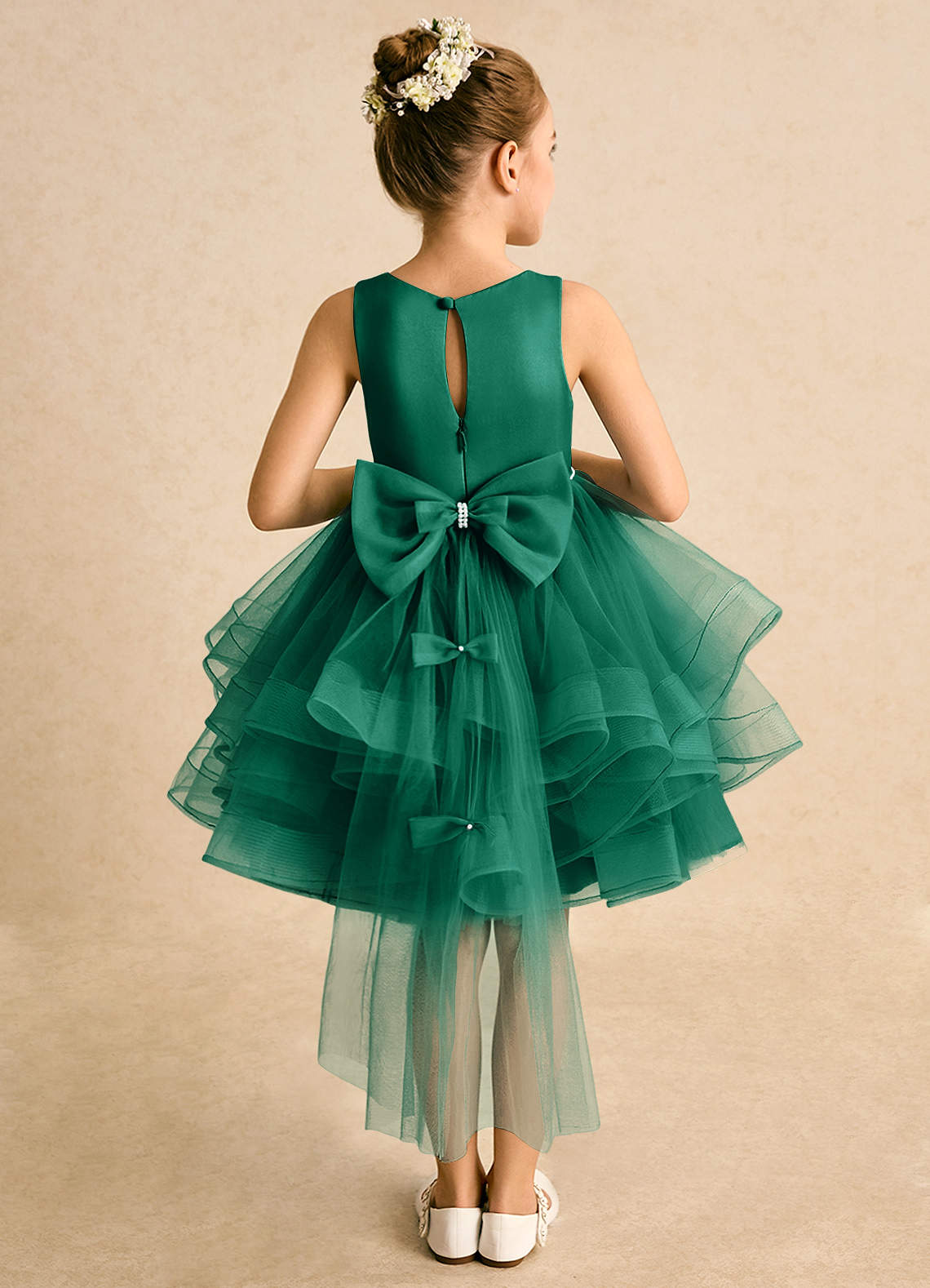 Azazie Tinie Flower Girl Dresses Emerald Ball-Gown Bow Tulle Dress image1