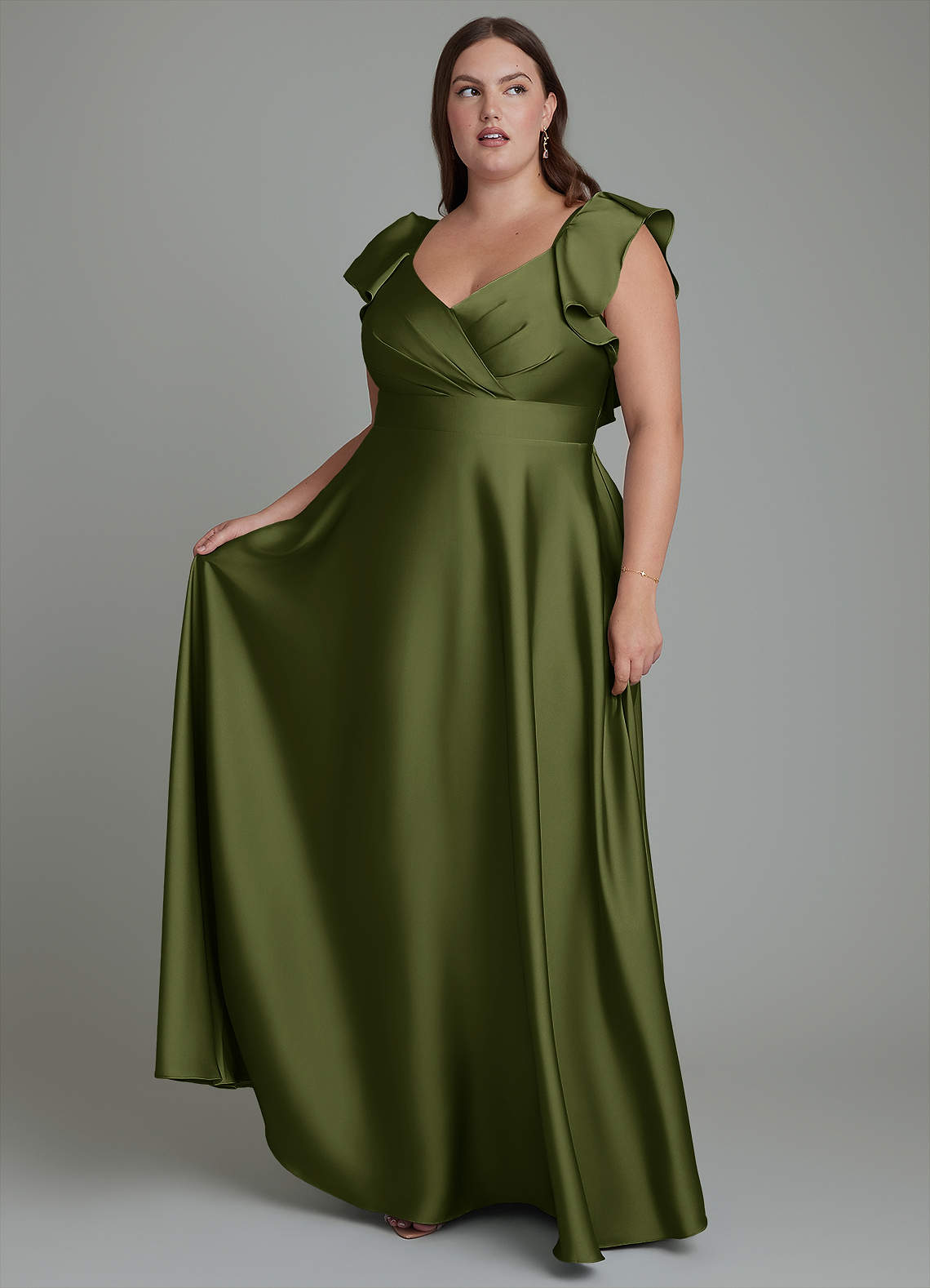 Azazie Leilani Bridesmaid Dresses Olive A-Line Ruched Stretch Satin Dress image1