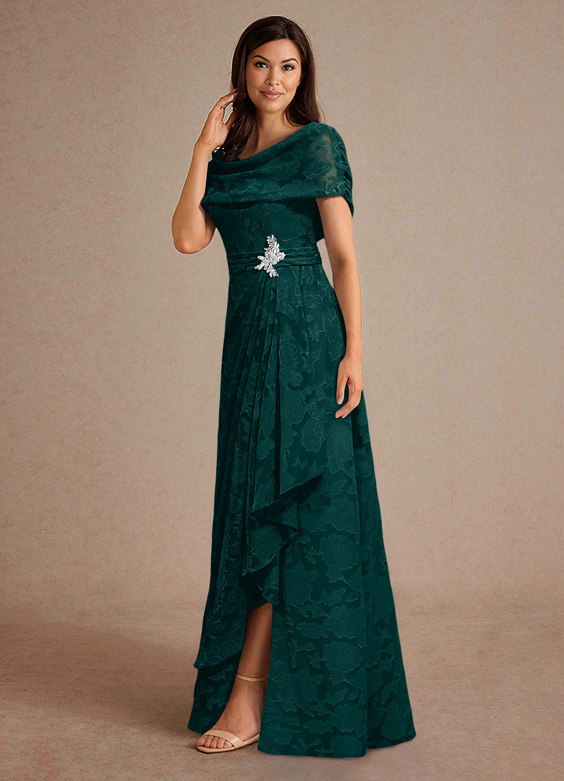 Azazie Branford Mother of the Bride Dresses Pine A-Line Pleated Floral Burnout Dress image1