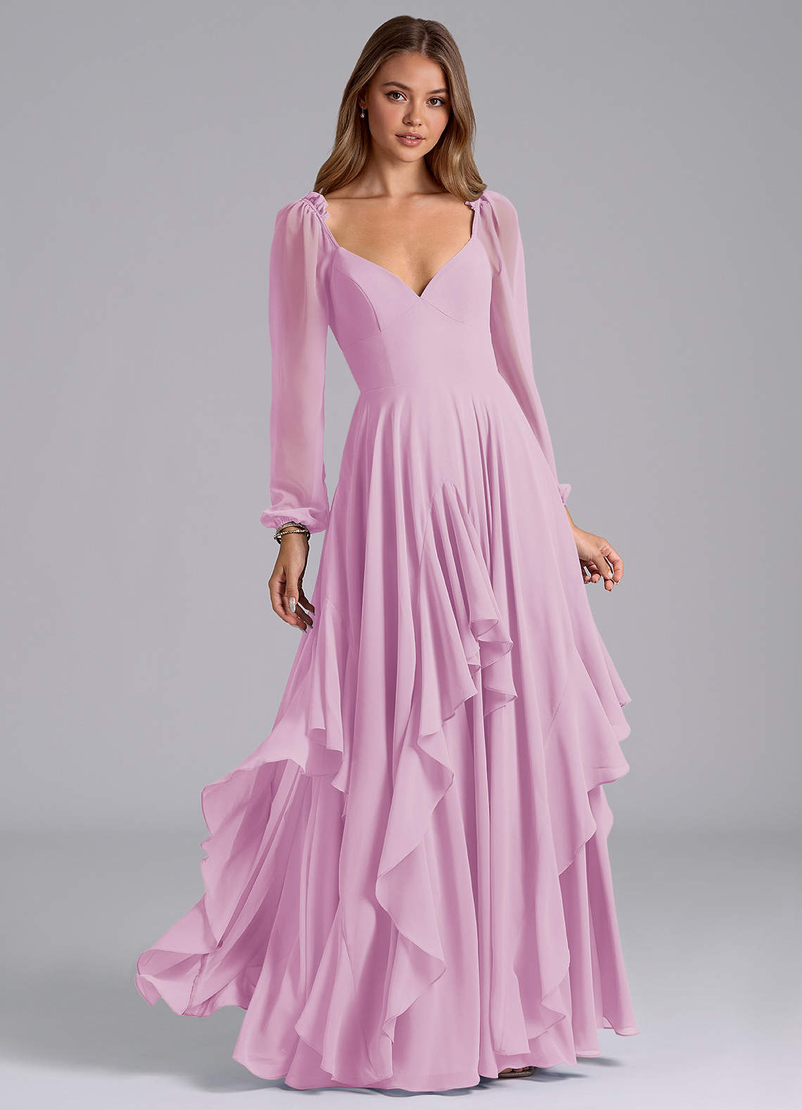 Azazie Karan Brautjungfernkleider A-Linie Langarm Chiffon Kleid Bonbonrosa image1