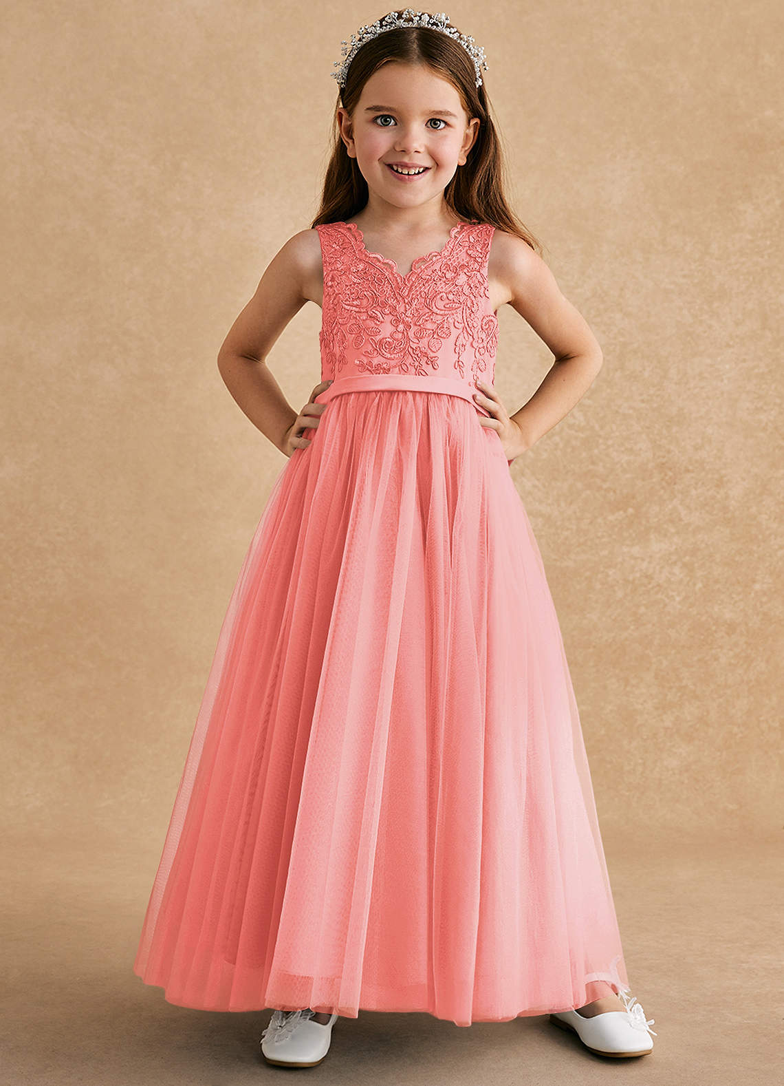 Azazie Cinna Flower Girl Dresses Coral A-Line Lace Tulle Dress image1