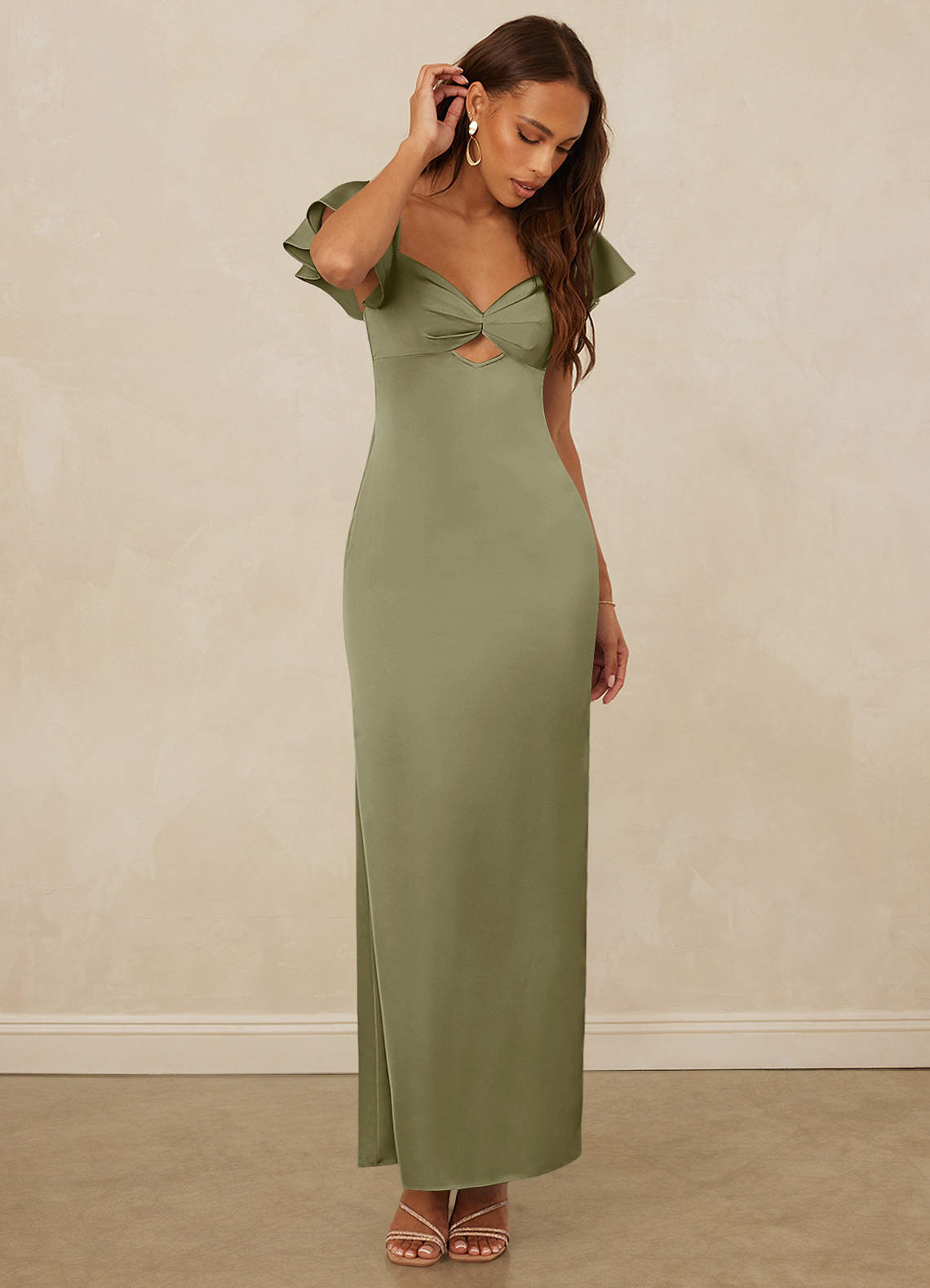 Christian Siriano Bridal for Azazie 1005 Bridesmaid Dresses Flutter Sleeve Stretch Satin Sheath Dress image4