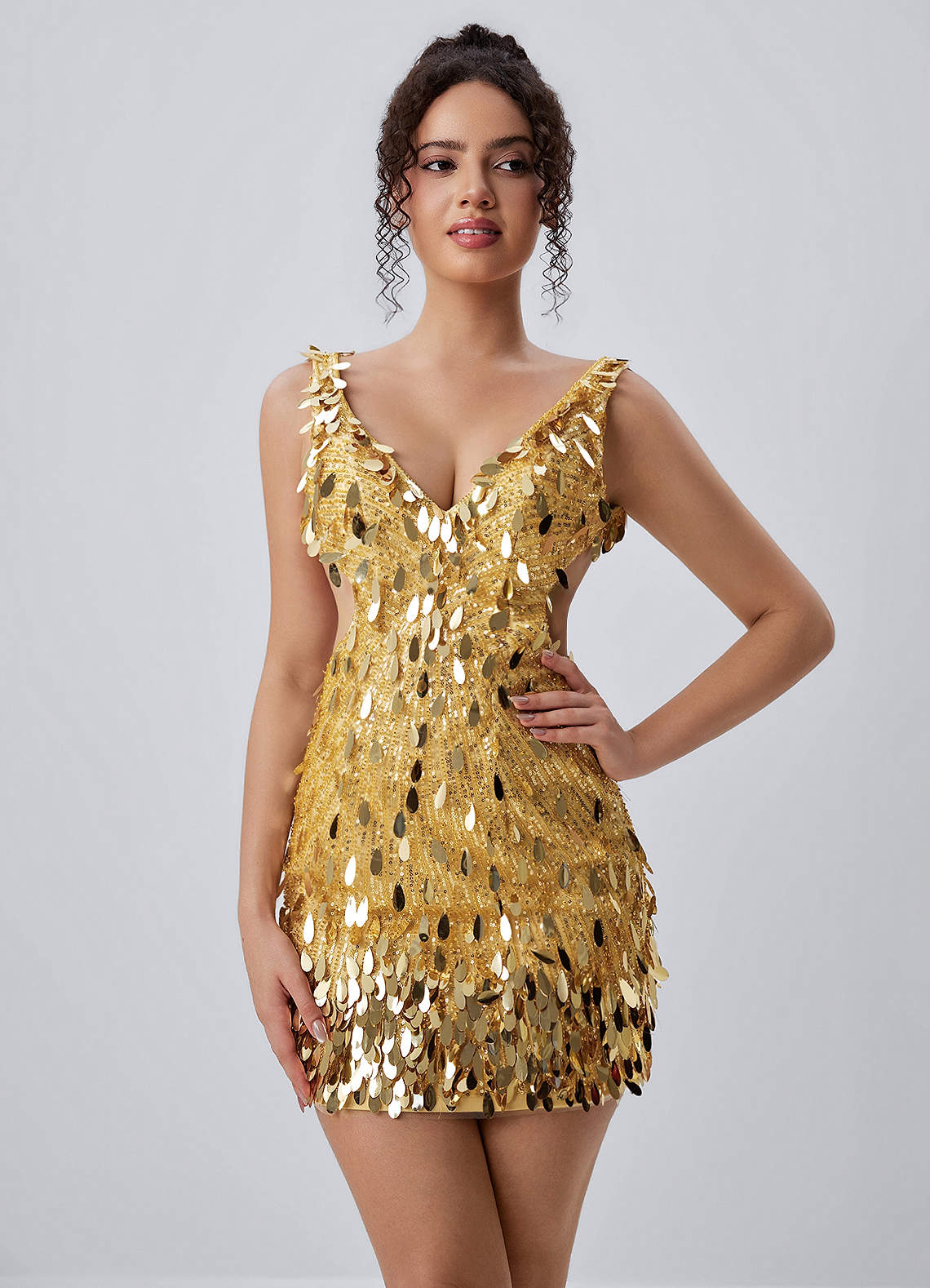 Viennejoie Champagne Beading Sequin Embroidery Open Back Mini Dress