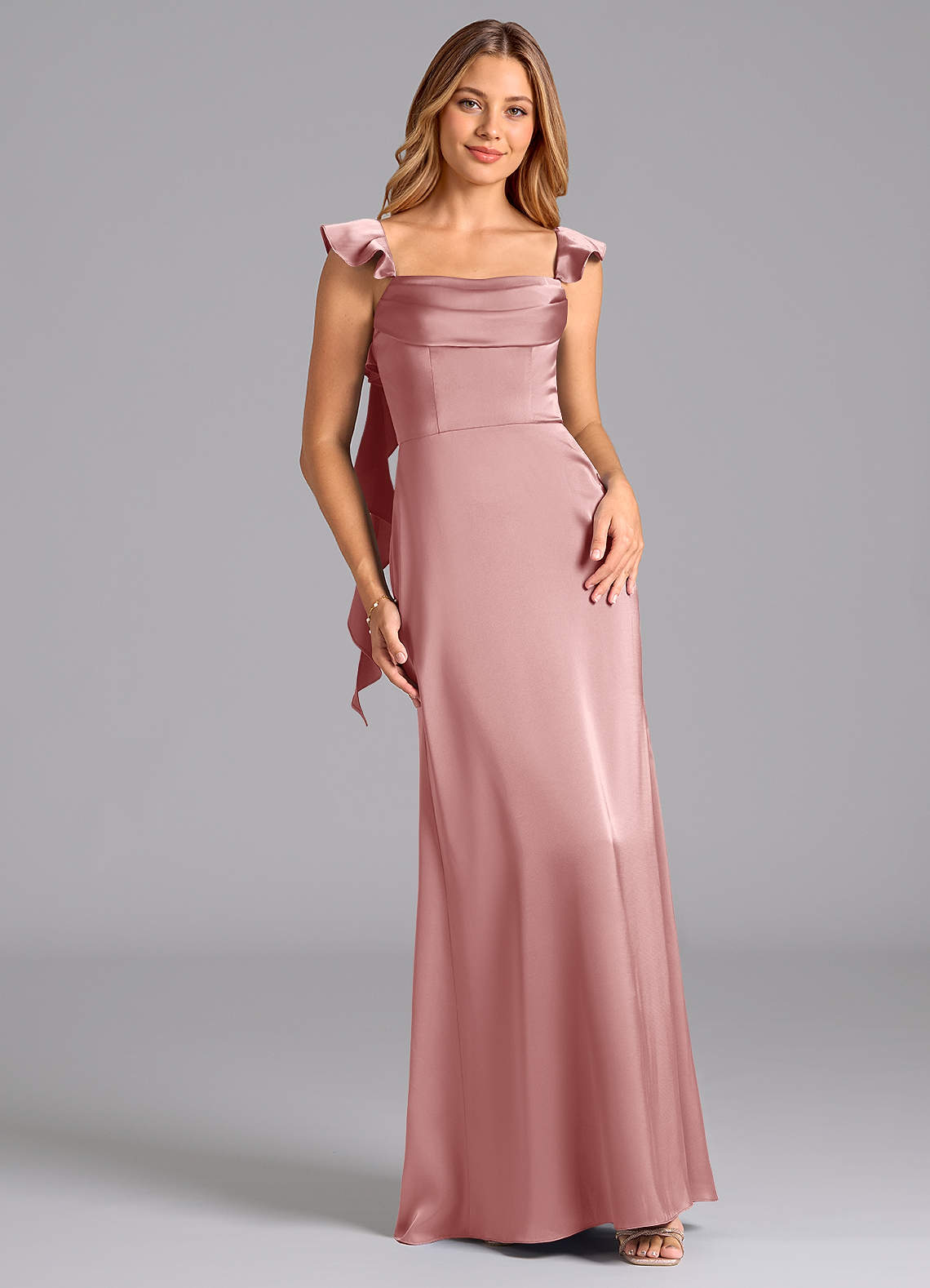 Azazie Adi Bridesmaid Dresses Dusty Rose A-Line Pleated Stretch Satin Dress image1