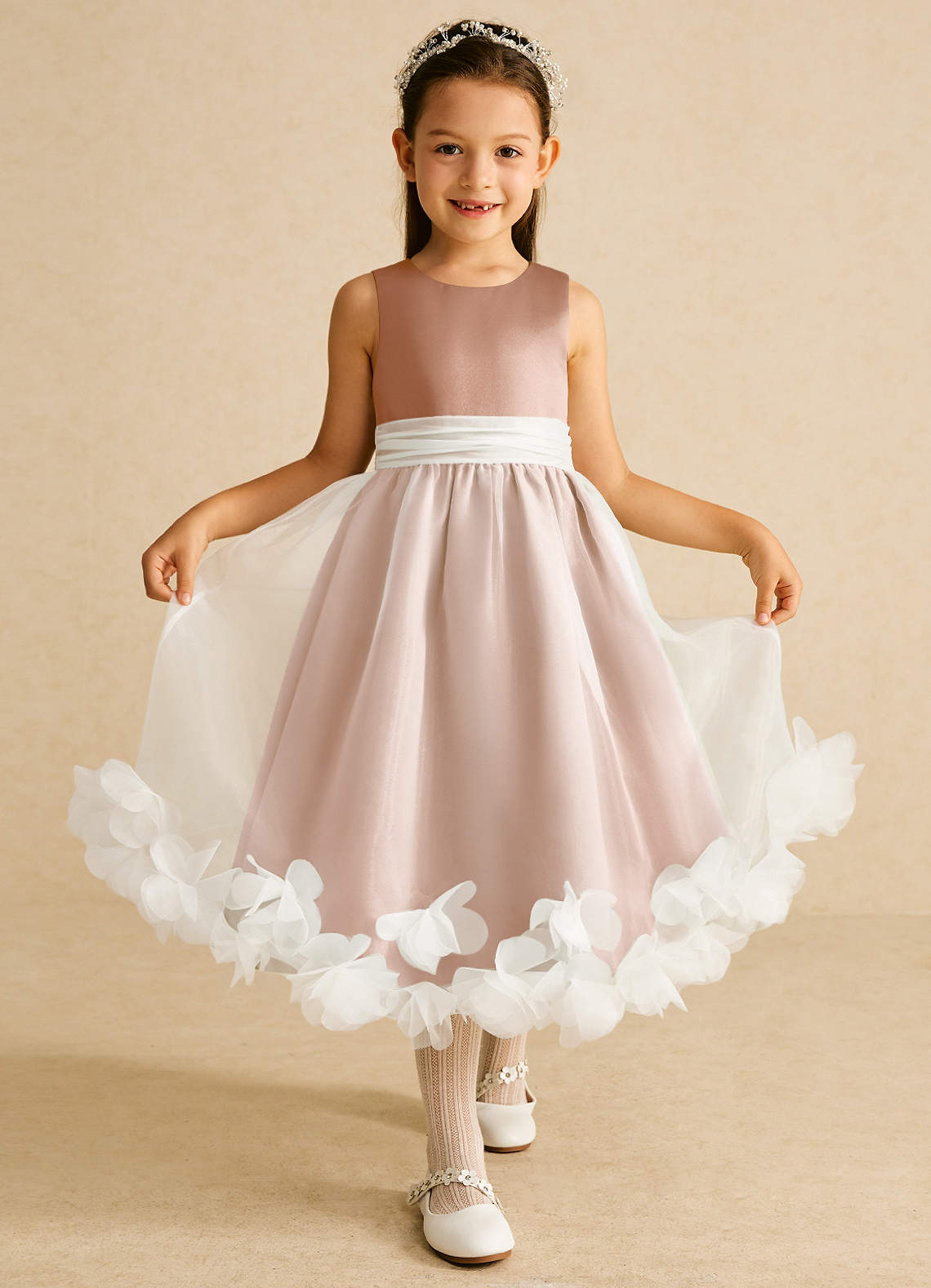 Azazie Stardust Flower Girl Dresses Champagne Rose A-Line Sleeveless Organza Dress image1