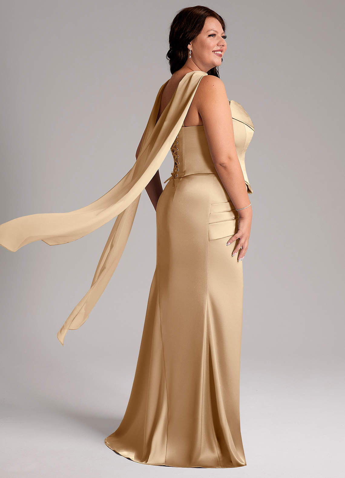 Azazie Sorrel Bridesmaid Dresses Champagne Mermaid Strapless Stretch Satin Convertible Dress image7