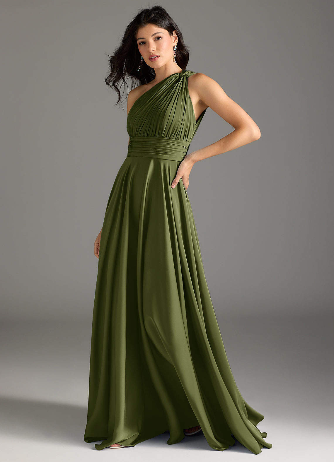 Azazie Charlize Bridesmaid Dresses Olive A-Line One Shoulder Stretch Satin Dress image3