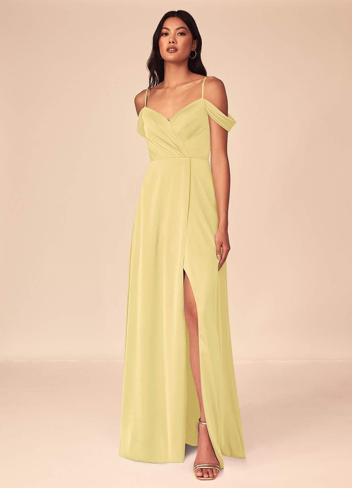 Azazie Ocean Bridesmaid Dresses Lemon Sorbet A-Line V-Neck Pleated Stretch Satin Dress image1