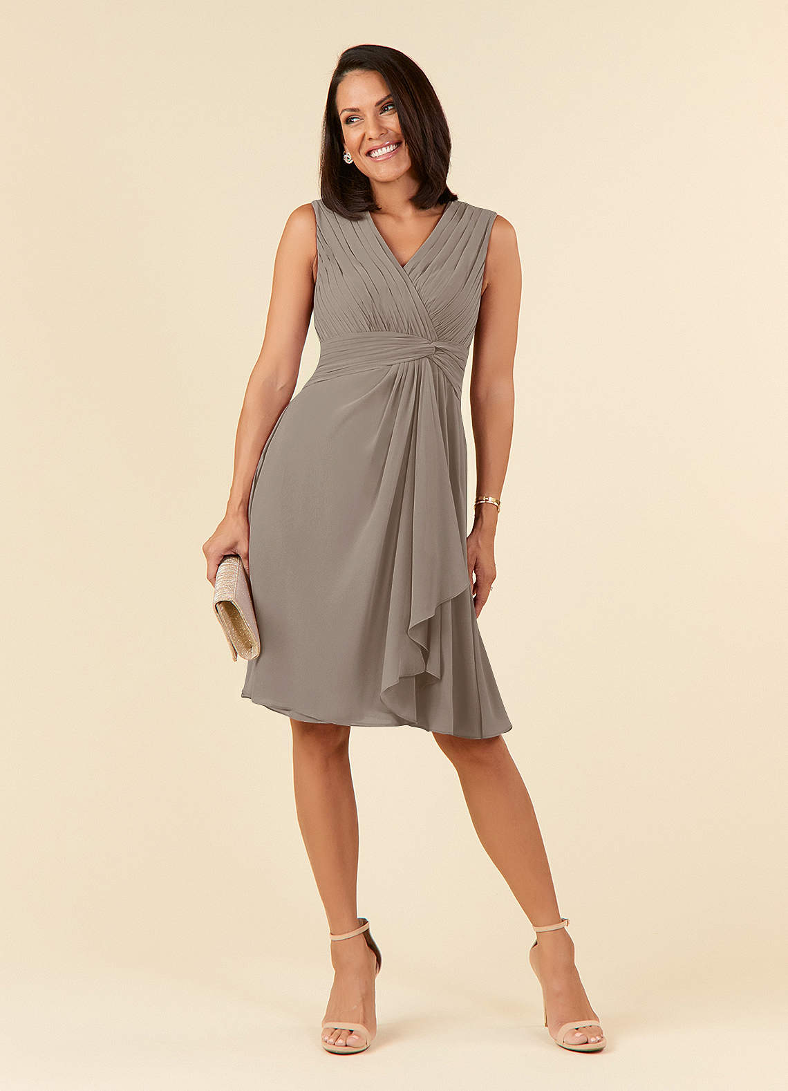 Azazie Theron Mother of the Bride Dresses Taupe A-Line V-Neck Pleated Chiffon Dress image1