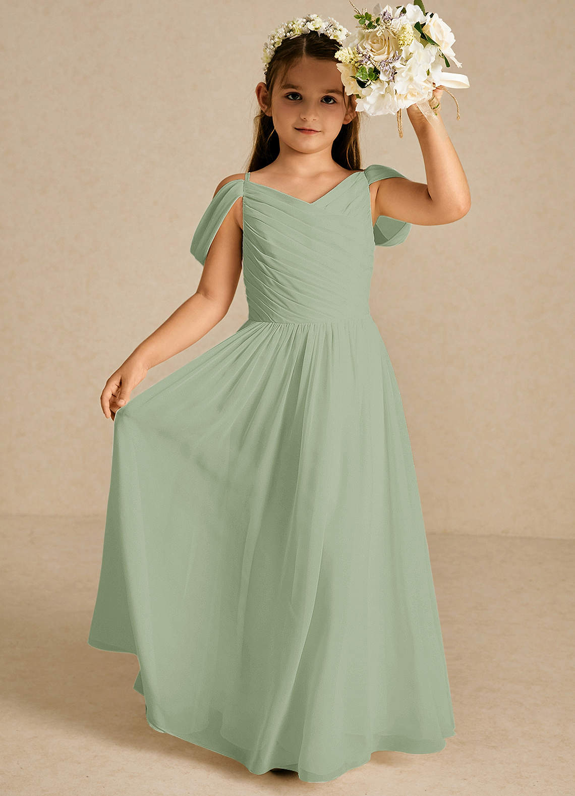 Azazie Chelle Abiti da Ragazza di Fiori Abito A-Line in Chiffon Plissettato Verde Salvia image1