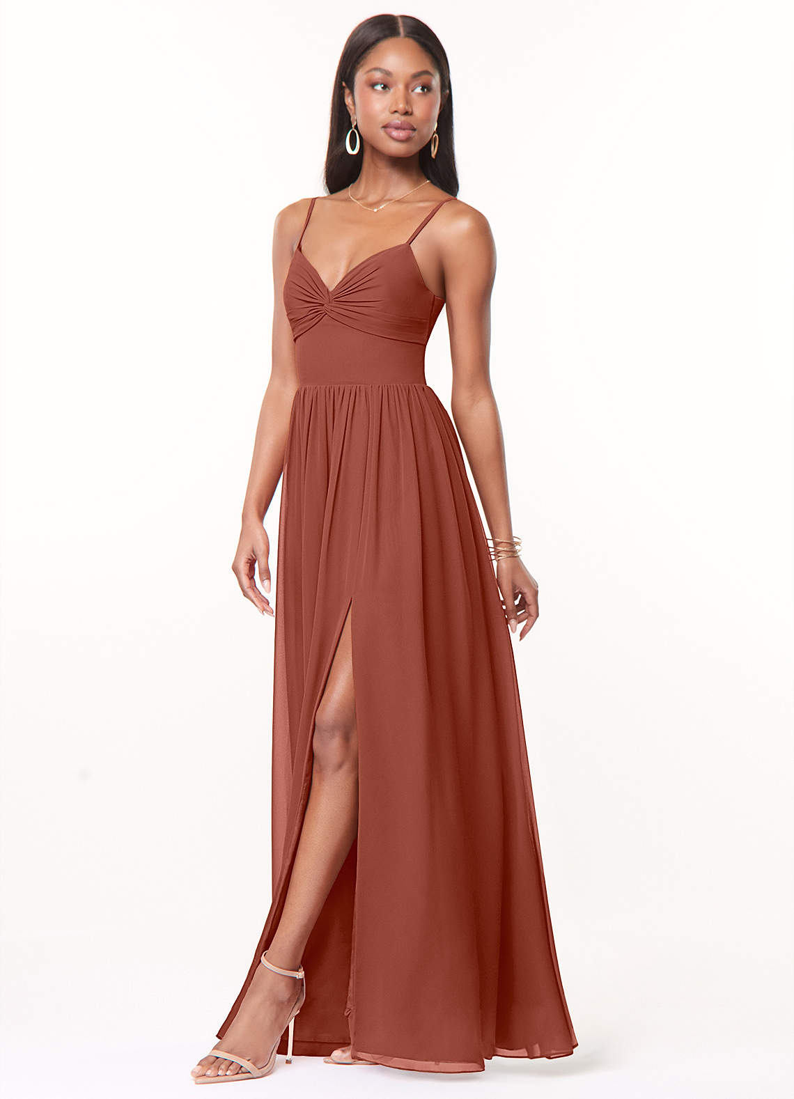 Azazie Zeya Bridesmaid Dresses Auburn A-Line V-Neck Pleated Chiffon Dress image3