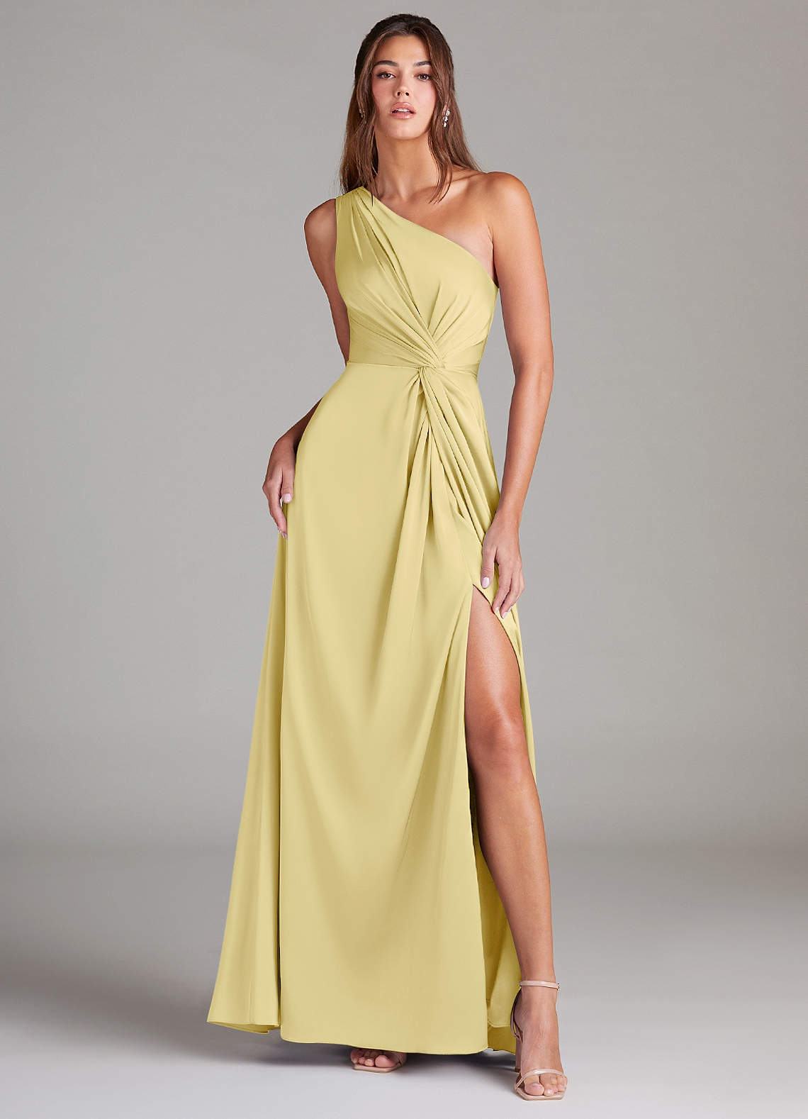 Azazie Brooke Bridesmaid Dresses Lemon Sorbet A-Line One Shoulder Stretch Satin Dress image1