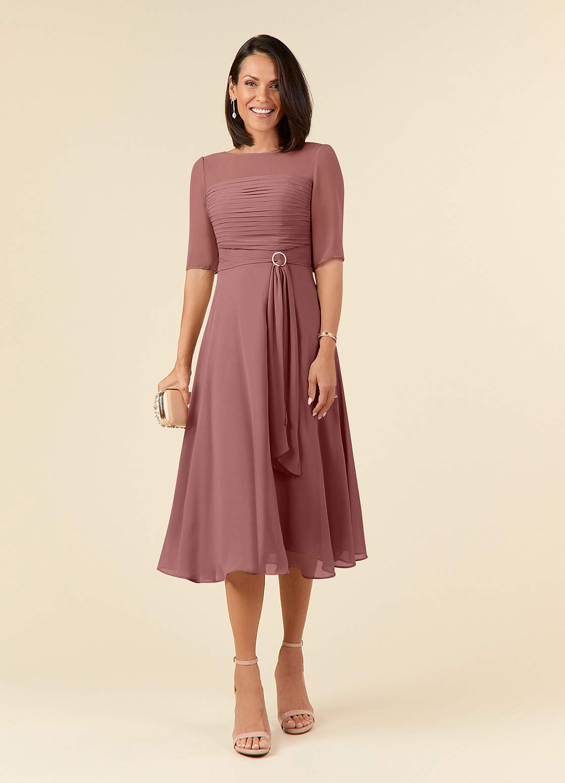Azazie Naomi vestidos de madre de la novia Vestido de Rosa Del Desierto de Gasa de Corte En A con Cuello barco plisado image1