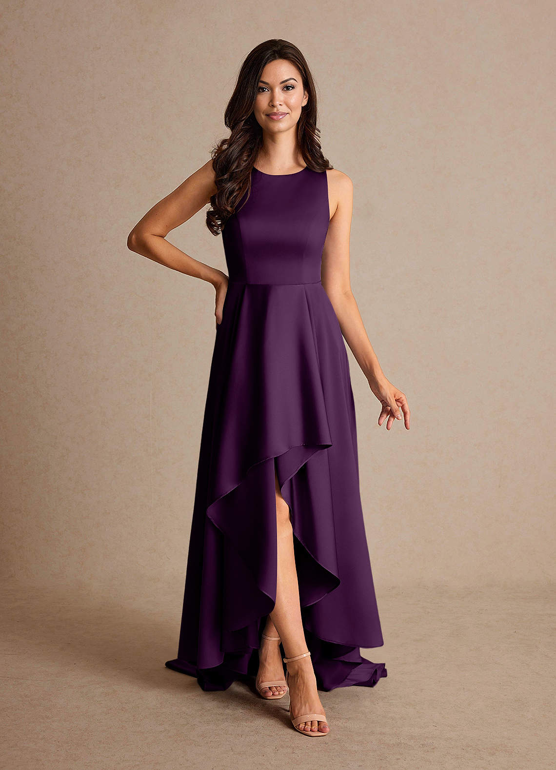Azazie Niles vestidos de madre de la novia Vestido de Uva de Satén Elástico de Corte En A con Trenes image1