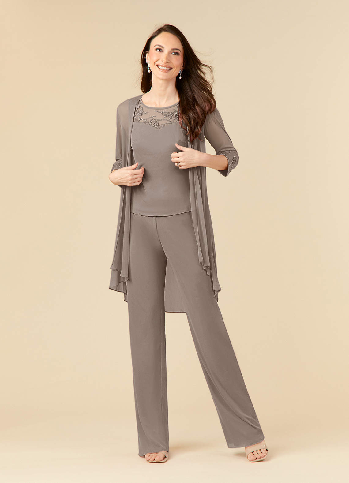 Azazie Frances Mother of the Bride Dresses Taupe Jumpsuit/Pantsuit Scoop Mesh Dress image1