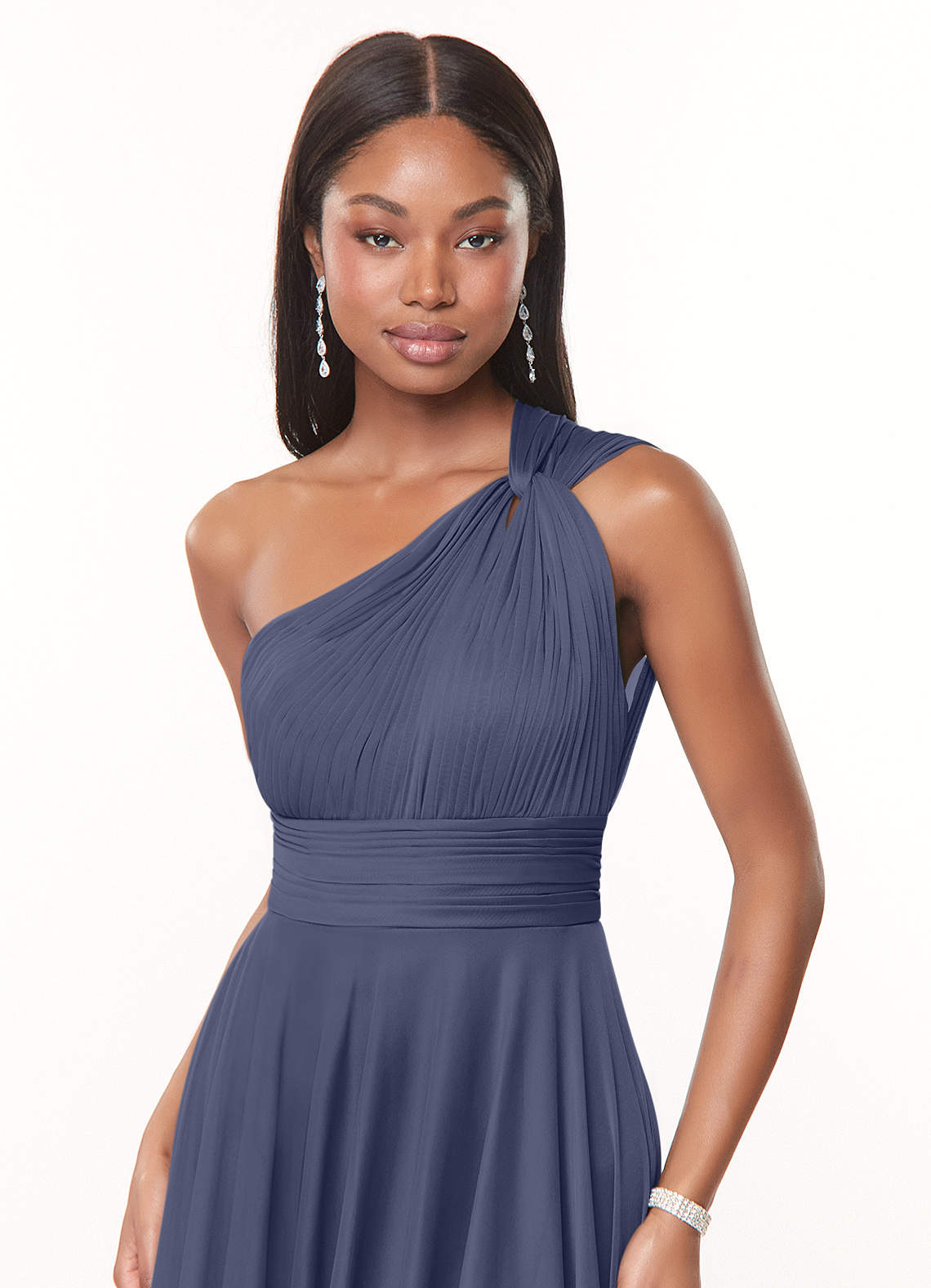 Azazie Charlize Bridesmaid Dresses Stormy A-Line One Shoulder Mesh Dress image4