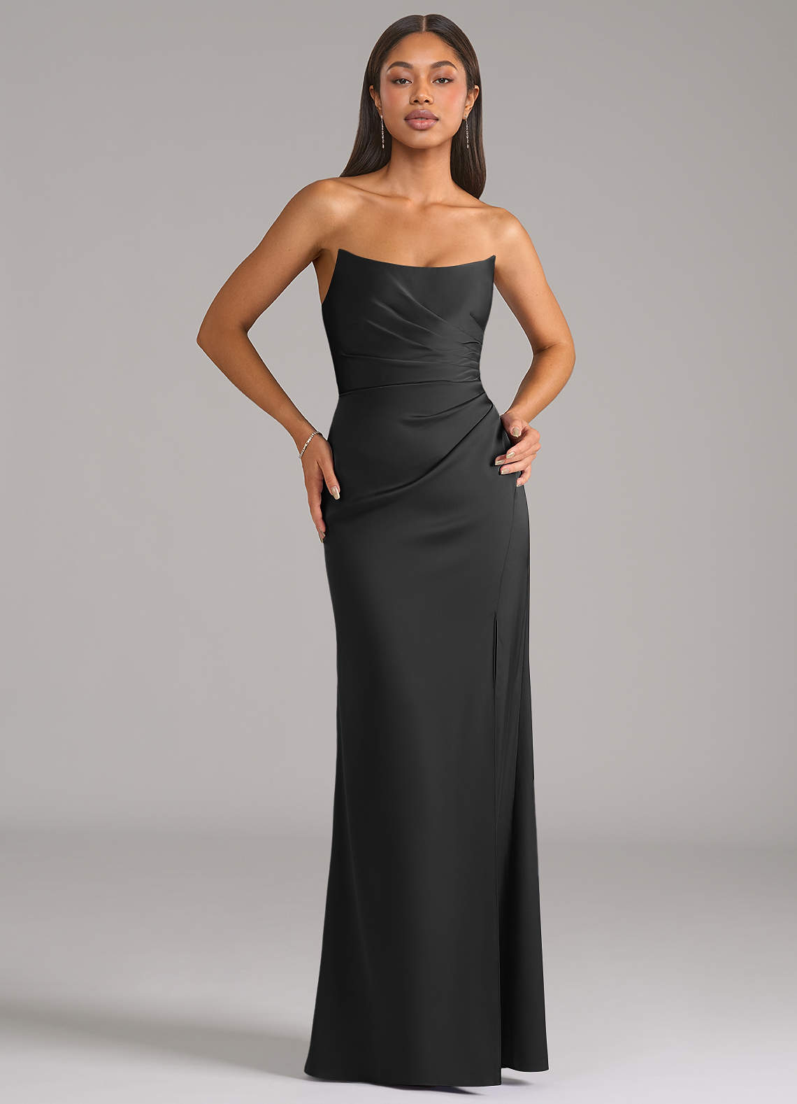 Azazie Marla Bridesmaid Dresses Black Sheath Strapless Stretch Satin Convertible Dress image1