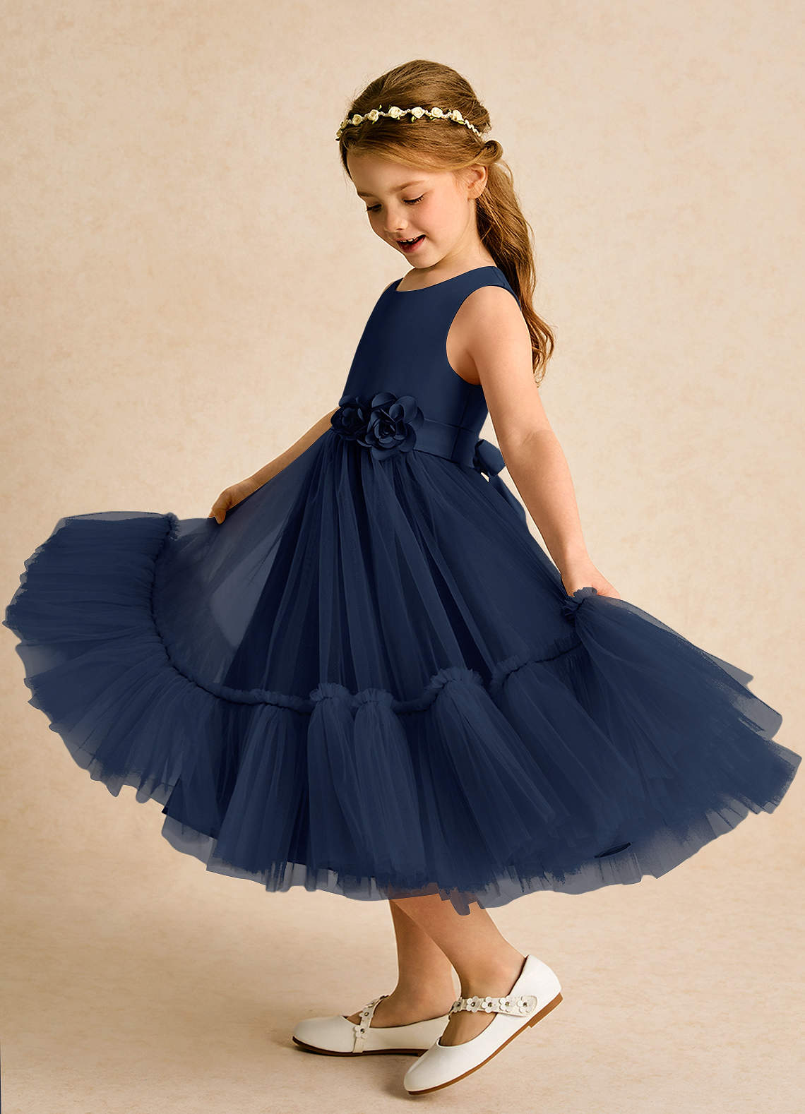 Azazie Miracle Flower Girl Dresses Dark Navy A-Line Bow Matte Satin Dress image1