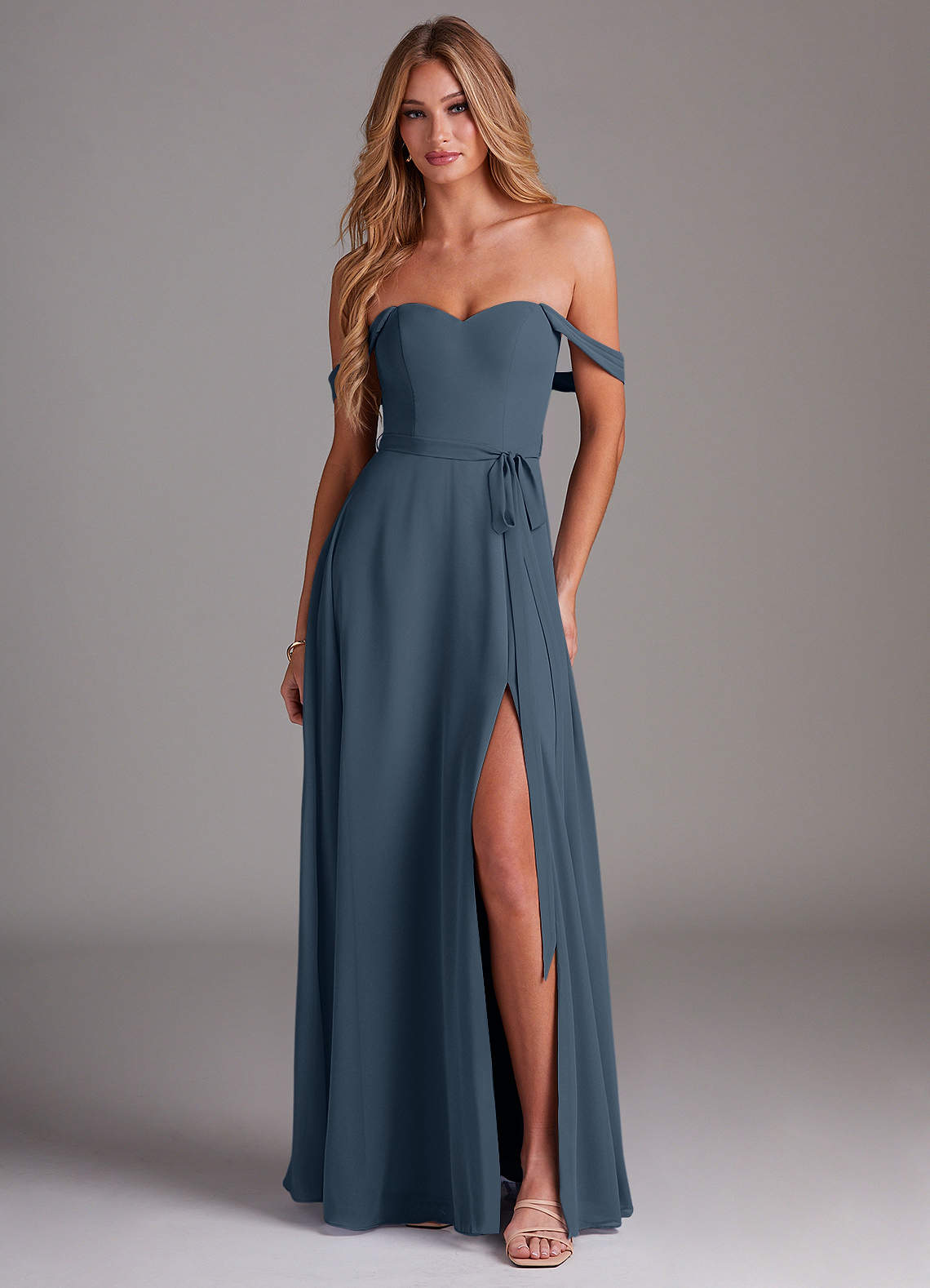 Azazie Aaron Brautjungfernkleider Wandelbar A-Linie Schulterfrei Chiffon Kleid Neptunblau image1