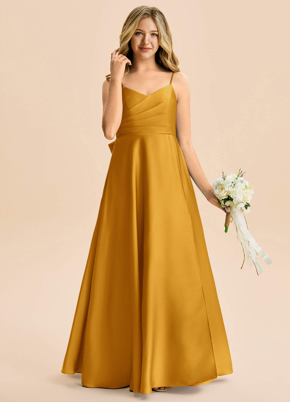 Azazie Rumi Junior Klä av A-Line i Stretch Satin Plisserad image3