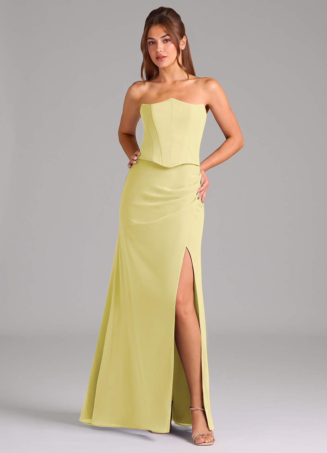 Azazie Jenine Brautjungfernkleider Meerjungfrau-Linie Schulterfrei Chiffon Kleid Zitronensorbet image1