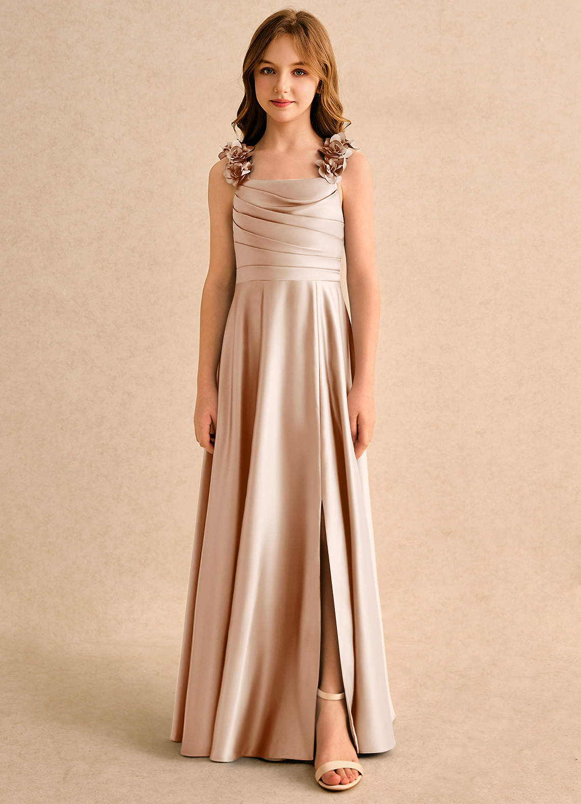 Azazie Rosita Girls Formal Robe Demoiselle D'honneur Fillette Robe Trapèze en Mat Satiné Plissée Rose Anglais image2