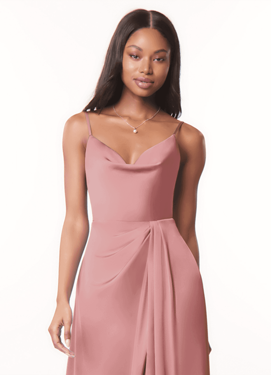 Azazie Brielle Abiti da Damigella Abito A-Line in Raso Elasticizzato con Scollo a Cappuccio e Spalline Sottili Rosa Polverosa image3