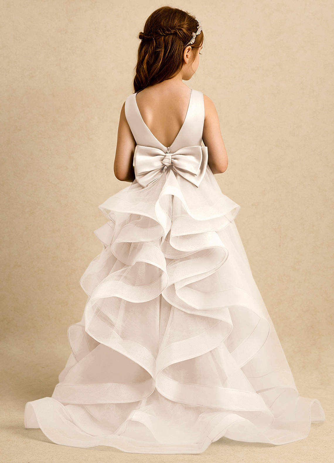 Azazie Lior Flower Girl Dresses White Alabaster Ball-Gown Pleated Tulle Dress image1
