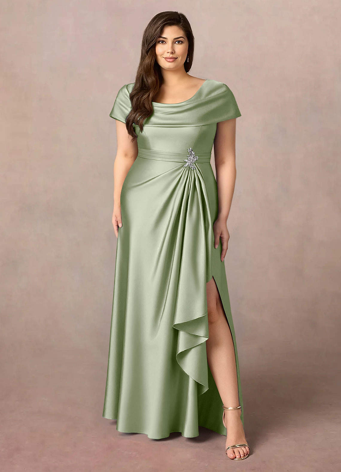 Azazie Branford vestidos de madre de la novia Vestido de Salvia Polvorienta de Satén Elástico de Corte En A con Plisado image1