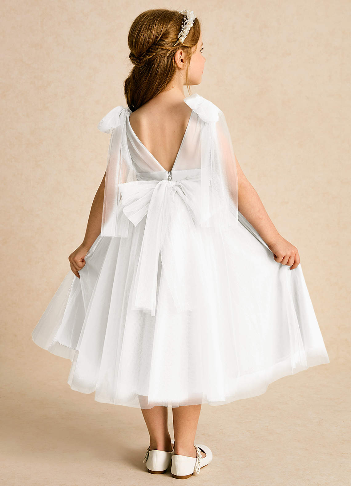Azazie Dori Flower Girl Dresses Ivory A-Line Ruched Tulle Dress image1