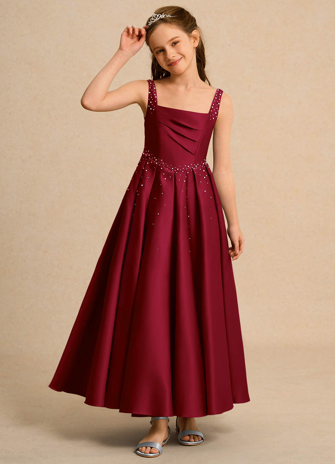 Azazie Mochi Girls Formal Burgundy Ball-Gown Pleated Matte Satin Dress |  Azazie