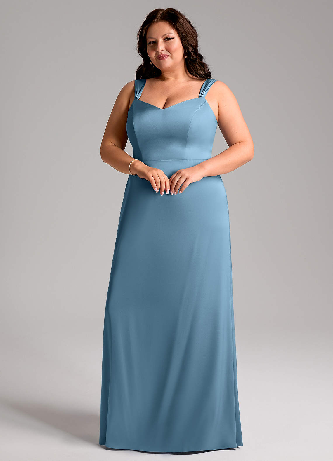 Azazie Denice Bridesmaid Dresses Steel Blue Sheath Pleated Stretch Satin Dress image5