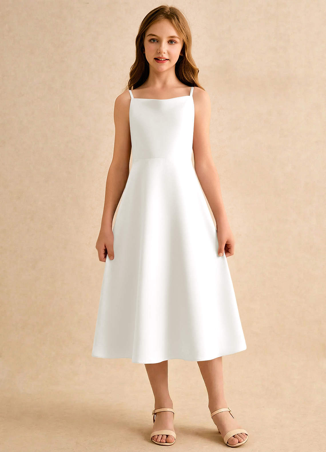 Azazie Jaella Girls Formal Sukienki dla dziewczynek sypiących kwiaty Linia A Pofałdowany Matowy satynowy Długość herbaty Sukienka image2